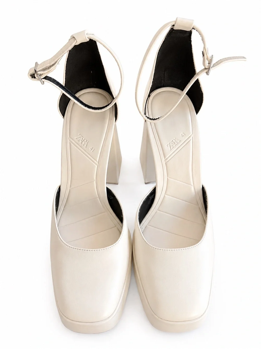 Zara White Chunky Block Heel Ankle Strap Pumps EU 41 US 10 Square Toe